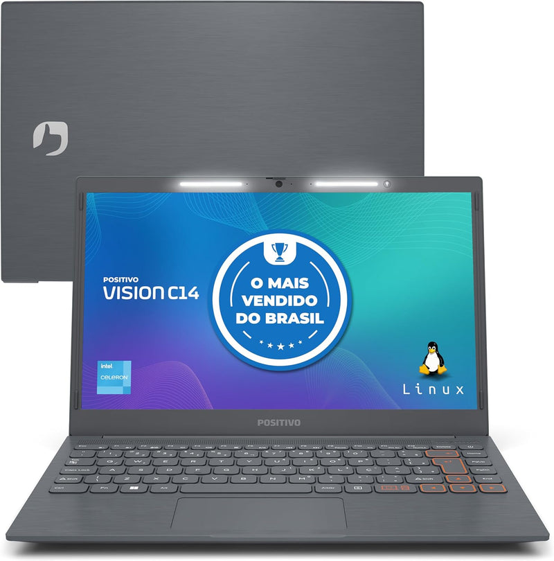 Notebook Positivo Vision C14 Lumina BAR Celeron, 8GB 128GB eMMC, Tela 14 Polegadas HD Antirreflexo, Linux, Tecla Link - Cinza