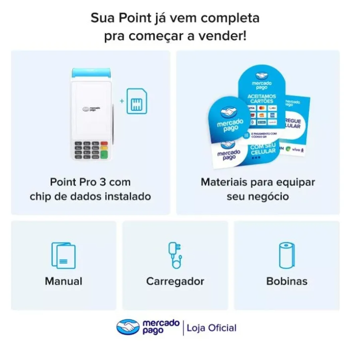 Maquina de cartão Mercado Pago Point Pro 3 - 4G CHIP VIVO com Tela Touch - Loja Autorizada
