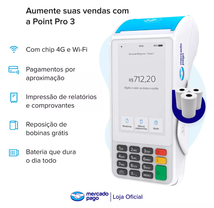 Maquina de cartão Mercado Pago Point Pro 3 - 4G CHIP VIVO com Tela Touch - Loja Autorizada