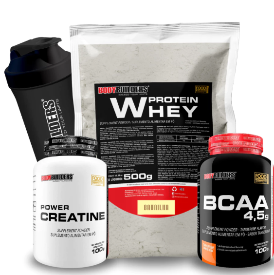 Kit Whey Protein 500g + BCAA 100g + Power Creatina 100g + Coqueteleira - Bodybuilders